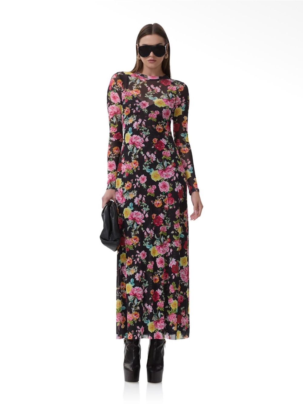 AFRM Black Floral Long-Sleeve Mesh Maxi Dress with Pink & Green Blooms